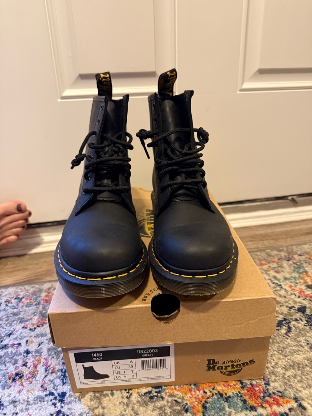 Dr. Martens Black Lace-Up Leather Boots with Yellow Stitching